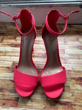 Call It Spring Coral-Red Ankle-Strap Block Heel Sandals